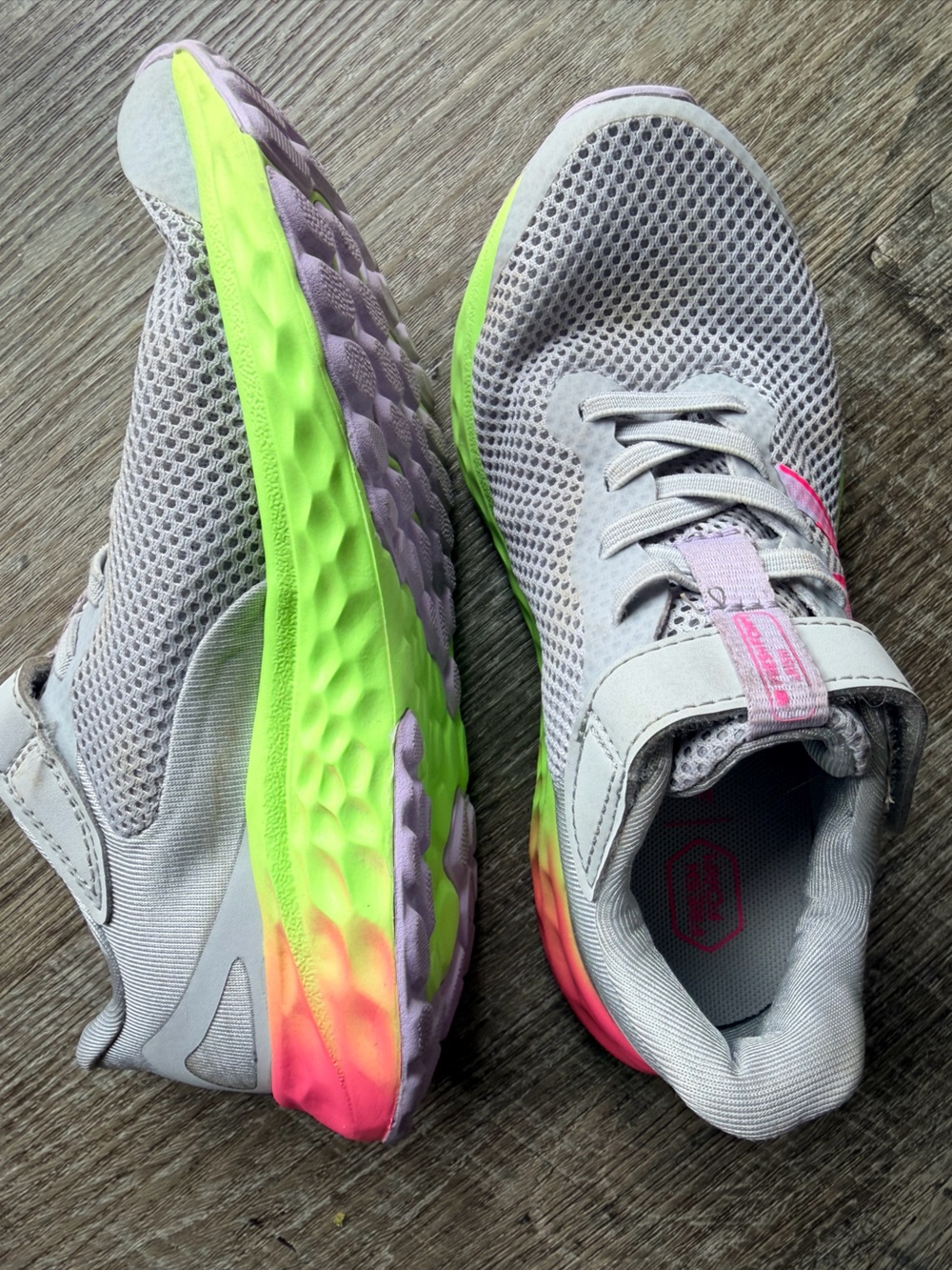 New Balance Fresh Foam Arishi Kids 12C Gray Pink Neon Running Shoes Hook Loop